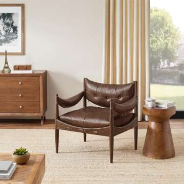 Art Leon Genuine Leather Accent Chair - Mid Century Modern Arm Chair with Ash Wood Frame, Upholstered Lounge Armchair Reading Chair for Living Room Bedroom, Cognac