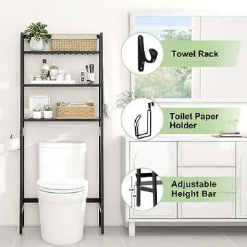 MallKing Over The Toilet Storage, Wooden 3-Tier Over-The-Toilet Rack Bathroom Space Saver Organizer, Freestanding Above Toilet with Toilet Paper Holder and Hooks (Black)