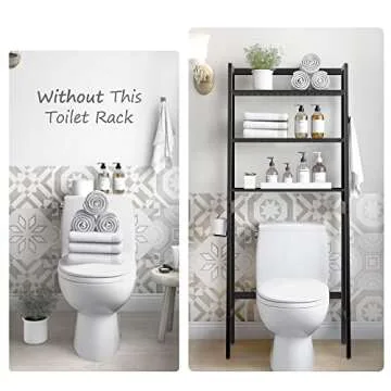 MallKing Over The Toilet Storage, Wooden 3-Tier Over-The-Toilet Rack Bathroom Space Saver Organizer, Freestanding Above Toilet with Toilet Paper Holder and Hooks (Black)