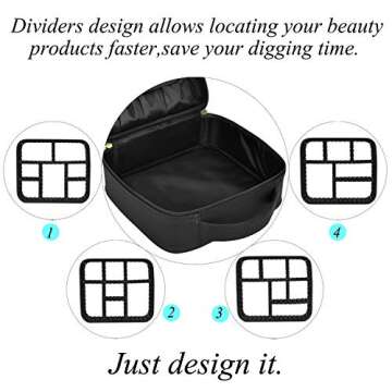 ibeacos Travel Makeup Bag Large Cute Cosmetic Bag for Women Leather Makeup Case Professional Cosmetic Train Case Organizer with Adjustable Dividers for Cosmetics Make Up Tools Toiletry Jewelry,Black