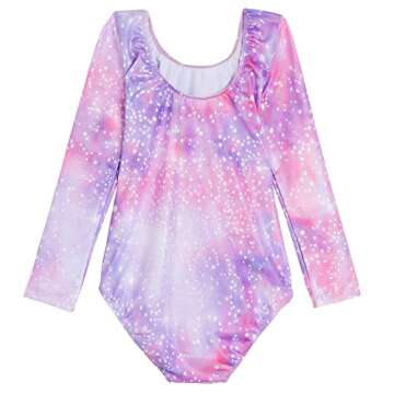 Domusgo Little Girls Gymnastics Leotards Size 4-5 Years Old Purple Starry Long Sleeve Fitted Outfits...