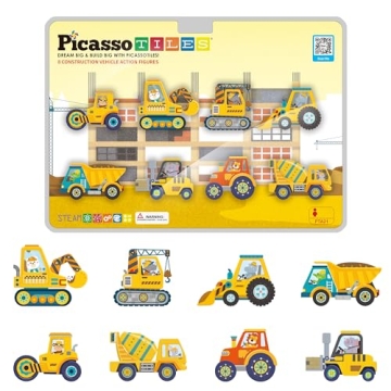 PicassoTiles Magnet Building Tile Blocks Addon 8 Magnetized Action Figures Construction Vehicle Zoo ...