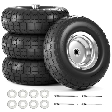 4.10/3.50-4 Tire and Wheel Flat Free, 10 Inch Solid Rubber Tire with 5/8”Axle Bore Hole and Double...