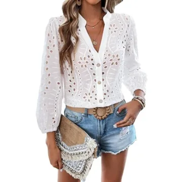 Verdusa Women's Floral Eyelet Embroidery Semi Sheer Blouse - Boho Chic