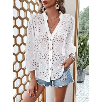 Verdusa Floral Eyelet Embroidery Semi Sheer Blouse Boho