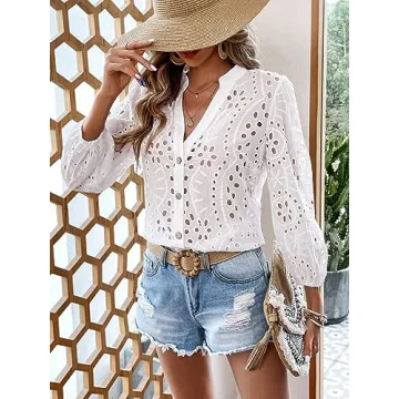 Verdusa Floral Eyelet Embroidery Semi Sheer Blouse Boho