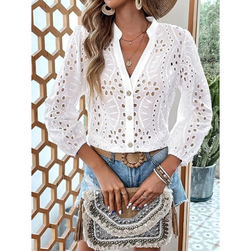 Verdusa Floral Eyelet Embroidery Semi Sheer Blouse Boho