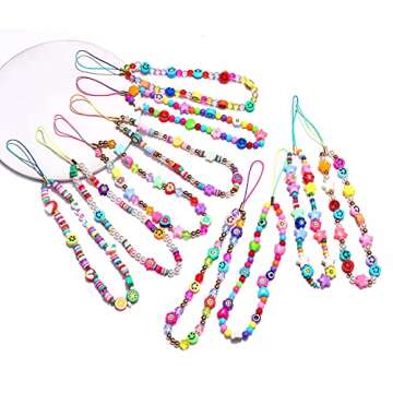 ISALOE Beaded Phone Lanyard Wrist Strap Colorful Smiley Fruit Beaded Phone Charm Cute Cellphone Accessories 10pcs