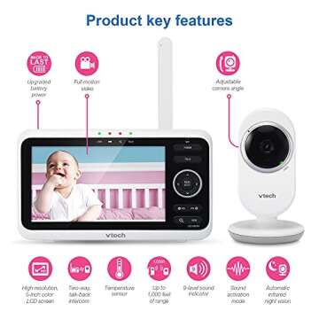 VTech VM350 Baby Monitor, 5" Screen, 1000ft Long Range, Night Vision, 2-Way Talk, Lullabies, Secured Transmission No WiFi