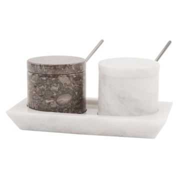 Radicaln Marble Salt Cellar with Lid and Tray 3'' Inches Oceanic and White Handmade Salt Storage Box...