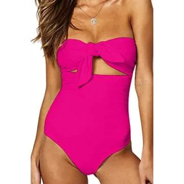 QINSEN Womens Sexy Strapless Tie Knot Front High Waist One Piece Swimsuit (S, Pink)