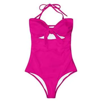 QINSEN Womens Sexy Strapless Tie Knot Front High Waist One Piece Swimsuit (S, Pink)