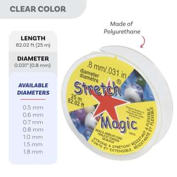 Stretch Magic Elastic Beading Cord – Clear Color, 0.8mm in Diameter, 25-Meter (82 ft) - Easy to Knot, Strong & Stretchy String for Making Beaded Jewelry