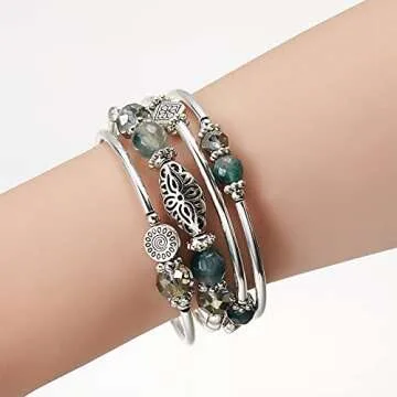 FULU AUTUMN Stackable Beaded Bracelets for Women Boho Wrap Silver Bracelet Layered Fashion Jewelry Gifts for Her(Green)