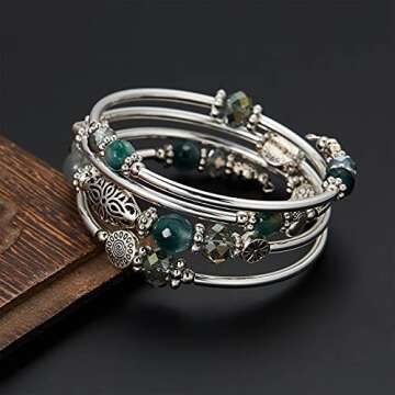 FULU AUTUMN Stackable Beaded Bracelets for Women Boho Wrap Silver Bracelet Layered Fashion Jewelry Gifts for Her(Green)