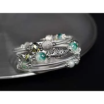 FULU AUTUMN Stackable Beaded Bracelets for Women Boho Wrap Silver Bracelet Layered Fashion Jewelry Gifts for Her(Green)