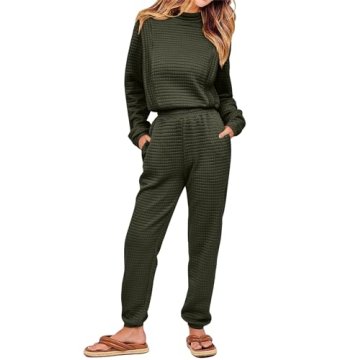 KIRUNDO Womens 2 Piece Outfits Sweatsuit Set Quilted Knit Crop Top Jogger Pants Loungewear Matching ...