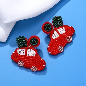 Christmas Beaded Earrings Hypoallergenic Christmas Tree Snowflake Dangling Earrings Cute Xmas Santa Hat Bell Car Bead Drop Dangle Earrings Handmade Christmas Holiday Jewelry Gift for Women