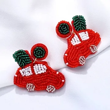 Christmas Beaded Earrings Hypoallergenic Christmas Tree Snowflake Dangling Earrings Cute Xmas Santa Hat Bell Car Bead Drop Dangle Earrings Handmade Christmas Holiday Jewelry Gift for Women
