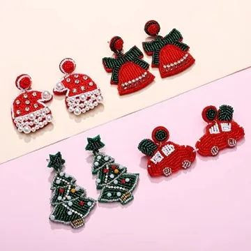 Christmas Beaded Earrings Hypoallergenic Christmas Tree Snowflake Dangling Earrings Cute Xmas Santa Hat Bell Car Bead Drop Dangle Earrings Handmade Christmas Holiday Jewelry Gift for Women