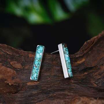 Lauren-Spencer Gemstone Mini Bar Stud Earrings for Women Dainty Turquoise Malachite Sodalite Tumbled Stone Earrings Hypoallergenic Stainless Steel Bar Earrings Studs for Women Jewelry (Green Turquoise)