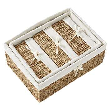 Americanflat Natural Hand-Woven Set of 5 Seagrass Storage Baskets with Removable Linen Liners - Nest...