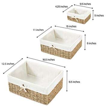 Americanflat Natural Hand-Woven Set of 5 Seagrass Storage Baskets with Removable Linen Liners - Nesting Storage Baskets with Linen Liners - Home Organizer Baskets - Natural Seagrass - Eco-Friendly