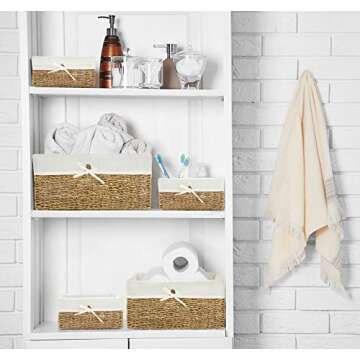 Americanflat Natural Hand-Woven Set of 5 Seagrass Storage Baskets with Removable Linen Liners - Nesting Storage Baskets with Linen Liners - Home Organizer Baskets - Natural Seagrass - Eco-Friendly