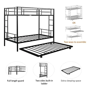 Heavy Duty CALABASH Twin Over Twin Metal Bunk Bed with Trundle