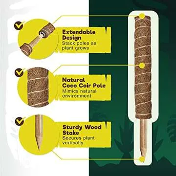Totem Monkey Moss Pole for Plants Monstera - 26.4 Inch Coir Totem Plant Support - 2 x 15.7 Inch Coco Sticks for Climbing Indoor Potted Plants - 20 Paper Twist Ties - Train Creeper House Plants Grow