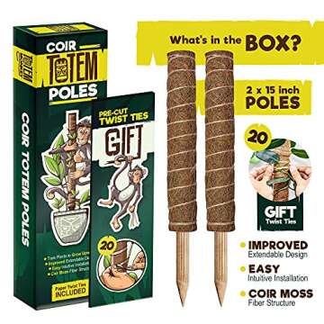Totem Monkey Moss Pole for Plants Monstera - 26.4 Inch Coir Totem Plant Support - 2 x 15.7 Inch Coco Sticks for Climbing Indoor Potted Plants - 20 Paper Twist Ties - Train Creeper House Plants Grow