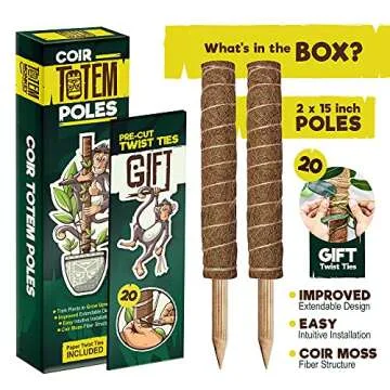 Totem Monkey Moss Pole for Plants Monstera - 26.4 Inch Coir Totem Plant Support - 2 x 15.7 Inch Coco Sticks for Climbing Indoor Potted Plants - 20 Paper Twist Ties - Train Creeper House Plants Grow