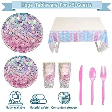 UJoyant 299 Pcs Mermaid Birthday Decorations, Mermaid Party Decorations Kit - Disposable Dinnerware Set with 25 Guests, Backdrop, Balloon, Banner, Tablecloth, Knives, Forks, Spoons, CakeTopper