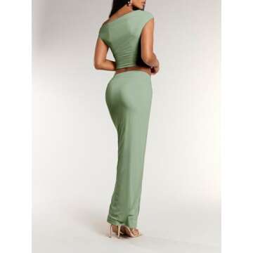 BEAUDRM Women's Elegant Sexy 2 Piece Outfits Mesh One Off Shoulder Ruched Crop Top and Maxi Skirt Long Bodycon Skirt Sets