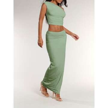 BEAUDRM Women's Elegant Sexy 2 Piece Outfits Mesh One Off Shoulder Ruched Crop Top and Maxi Skirt Long Bodycon Skirt Sets
