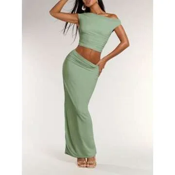 BEAUDRM Women's Elegant Sexy 2 Piece Outfits Mesh One Off Shoulder Ruched Crop Top and Maxi Skirt Long Bodycon Skirt Sets