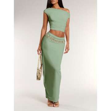 BEAUDRM Women's Elegant Sexy 2 Piece Outfits Mesh One Off Shoulder Ruched Crop Top and Maxi Skirt Long Bodycon Skirt Sets