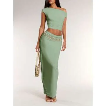 BEAUDRM Women's Elegant Sexy 2 Piece Outfits Mesh One Off Shoulder Ruched Crop Top and Maxi Skirt Long Bodycon Skirt Sets