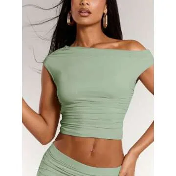 BEAUDRM Women's Elegant Sexy 2 Piece Outfits Mesh One Off Shoulder Ruched Crop Top and Maxi Skirt Long Bodycon Skirt Sets