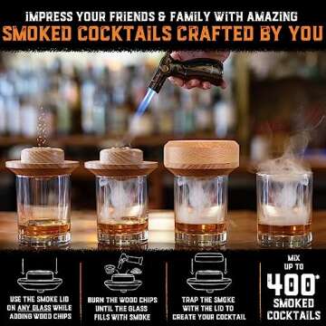 Cocktail Smoker Kit with Torch - 100% USA Oak Smoker, Patented Design, 4 Wood Flavors, Recipe Book for Whiskey, Bourbon & More - Whiskey Smoker Infuser Kit - Whiskey Gift for Men (No Butane)