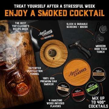 Cocktail Smoker Kit with Torch - 100% USA Oak Smoker, Patented Design, 4 Wood Flavors, Recipe Book for Whiskey, Bourbon & More - Whiskey Smoker Infuser Kit - Whiskey Gift for Men (No Butane)