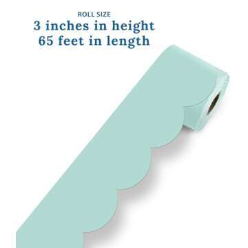 Carson Dellosa 65 Feet of Sea Glass Green Bulletin Board Border, Scalloped Border Trim, Spring Bulletin Board Decorations, Rolled Light Blue Classroom Border for Bulletin Board, and Classroom Décor