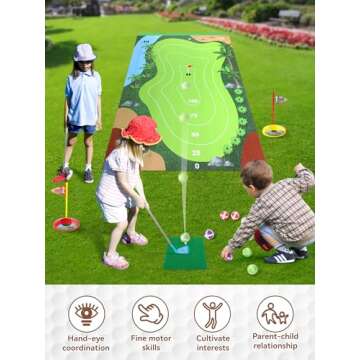 Liberry Kids Golf Set for 3 4 5 6 7 Years Old Boys Girls, Golf Chipping Game with Golf Mat, Sticky Balls, Storage Bag, Retractable Golf Clubs Indoor Outdoor Sports Toy Gift Toss Game
