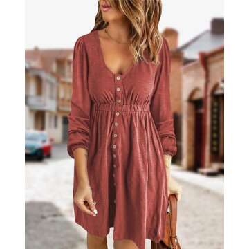 BTFBM Women 2025 Casual Button Down Summer Fall Dresses Long Sleeve Crew Neck Solid High Waist Short Tunic Mini Dress(Long Buttons Brick Red, X-Large)