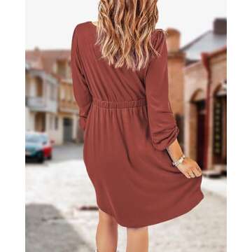 BTFBM Women 2025 Casual Button Down Summer Fall Dresses Long Sleeve Crew Neck Solid High Waist Short Tunic Mini Dress(Long Buttons Brick Red, X-Large)