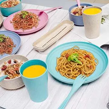 KepRodp Wheat Straw Dinnerware Sets 28Pcs, Dinner Plates and Bowls Sets, Cups, Forks, Spoons, Unbreakable & Microwave Safe Dinnerware, Eco-friendly Reusable Plates, Wheat Straw Cereal Bowls, Gift