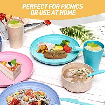 KepRodp Wheat Straw Dinnerware Sets 28Pcs, Dinner Plates and Bowls Sets, Cups, Forks, Spoons, Unbreakable & Microwave Safe Dinnerware, Eco-friendly Reusable Plates, Wheat Straw Cereal Bowls, Gift
