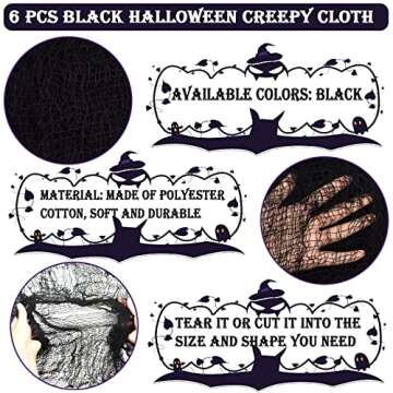 ZeeDix 6 Pack Black Halloween Creepy Cloth 30 x 75 Inch Halloween Decoration Spooky Scary Gauze Cloth Black Cheesecloth for Halloween Party Supplies Outdoor Yard Home Wall Doorway