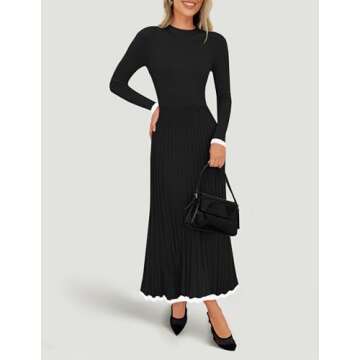 ZESICA Women's Long Sleeve Sweater Dress Fall Crewneck Ribbed Knit Pleated A-Line Maxi Wedding Guest Dresses,Black,Small