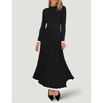 ZESICA Women's Long Sleeve Sweater Dress Fall Crewneck Ribbed Knit Pleated A-Line Maxi Wedding Guest Dresses,Black,Small